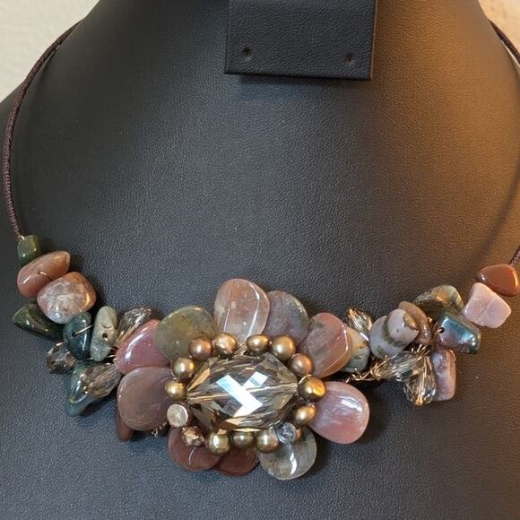 Unknown Jewelry - Handmade Wired Stone Flower Crystal Bead Wire Cord Collar Necklace